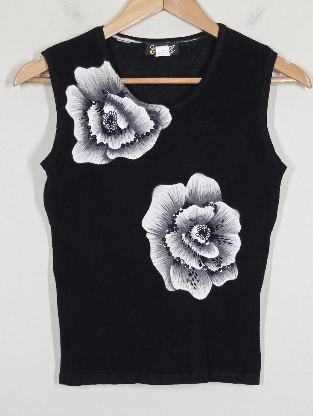 Vtg Y2K Black Dark Floral Sequin Beaded Knit Tank Top Fairy Whimsigoth Grunge